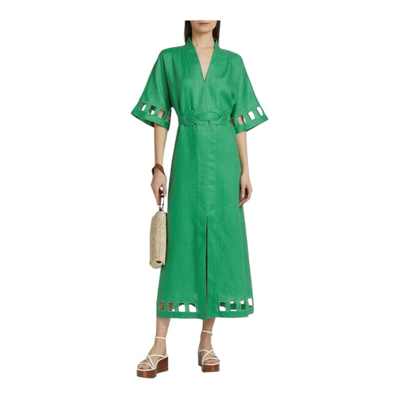 Women's Figue Adelaide Green Cut-Out Linen Midi Size L***. No belt - Picture 4 of 12
